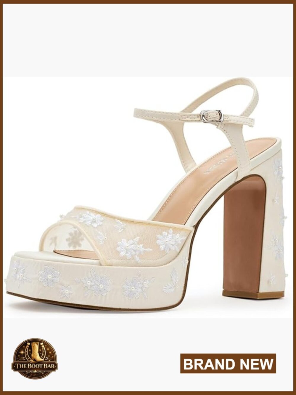 White Mesh Heeled Sandals with Floral Embellishments, Ankle Strap